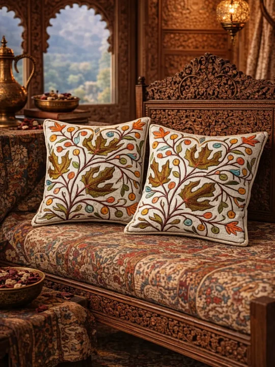 White Base Chinari Barzul Chainstitch Cushion Cover 12×12 – Set of 2