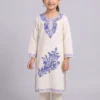 White Maheen Kashmiri Kids Girls Kurti With Trousers with Blue Aari Embroidery (6-7Y)