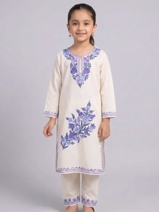 White Maheen Kashmiri Kids Girls Kurti With Trousers with Blue Aari Embroidery (6-7Y)