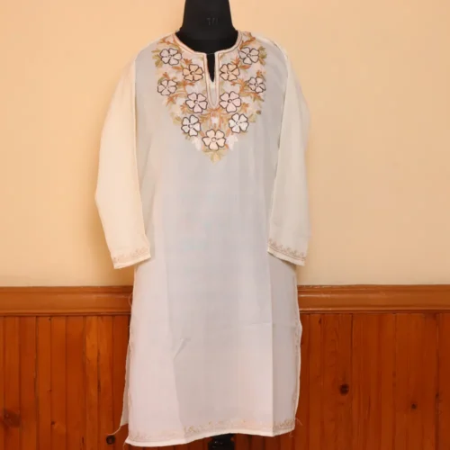 White Posh Summer Kashmiri Kurta with Aari Embroidery