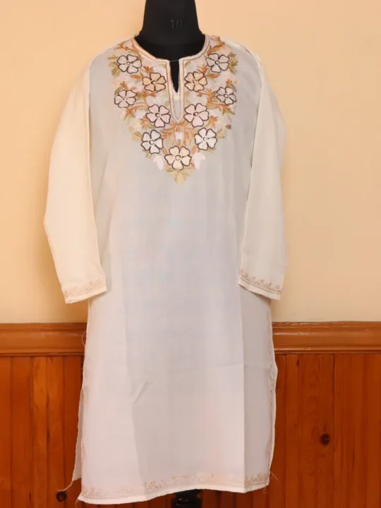 White Posh Summer Kashmiri Kurta with Aari Embroidery