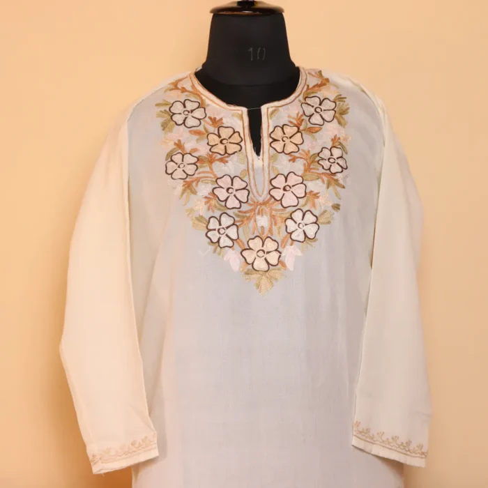 White Posh Summer Kashmiri Kurta with Aari Embroidery - Image 2