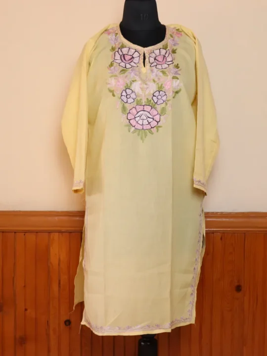Yellow Floral Summer Kashmiri Kurta with Aari Embroidery