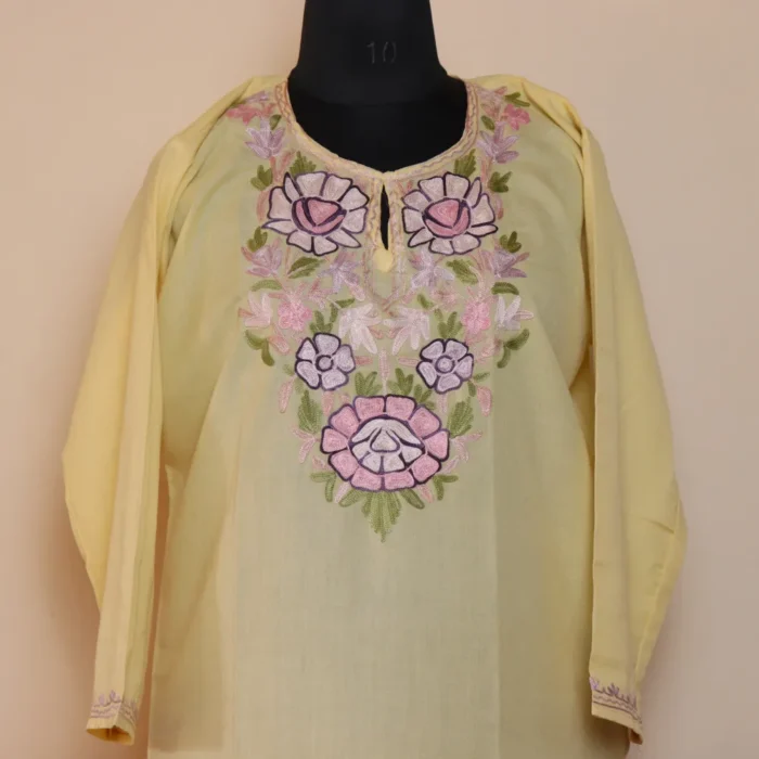 Yellow Floral Summer Kashmiri Kurta with Aari Embroidery - Image 2
