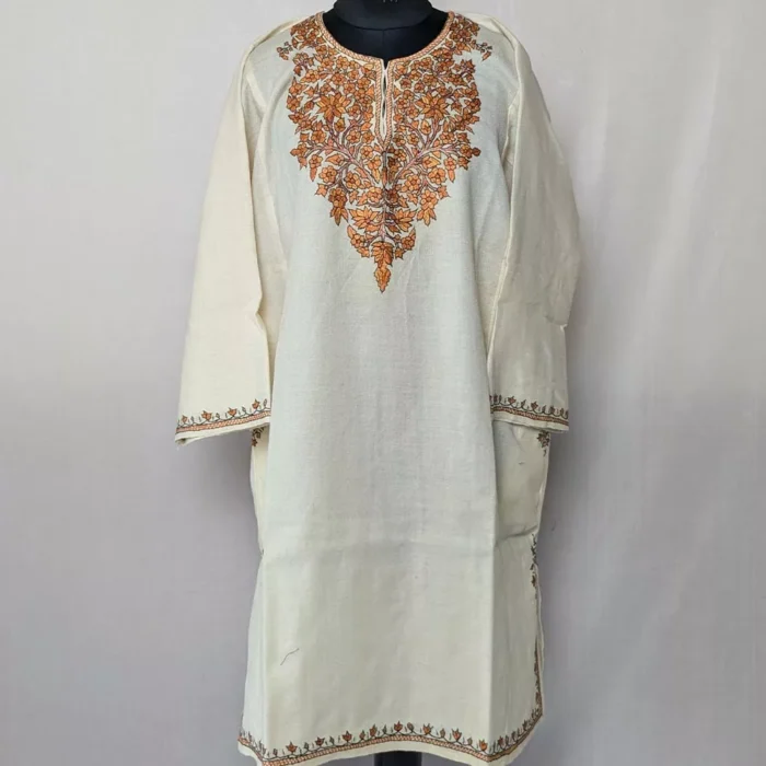 White Phiran for Women | Latest Phiran Design for Female | Kashmiri Raffal Sozni Handwork - Image 2
