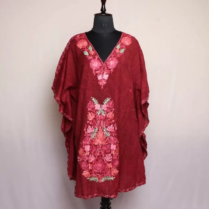Maroon Short Kashmiri Kaftan – Aari Embroidered Crush Cotton