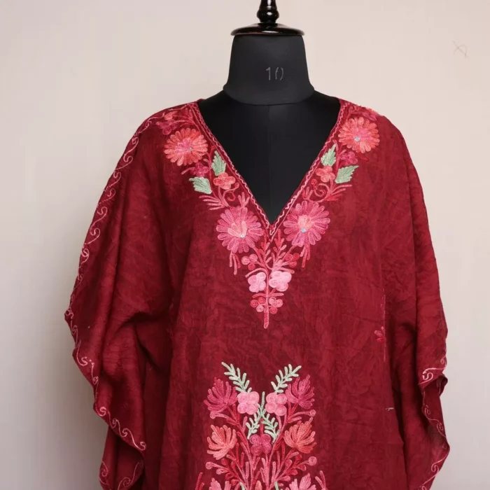 Maroon Short Kashmiri Kaftan – Aari Embroidered Crush Cotton - Image 2