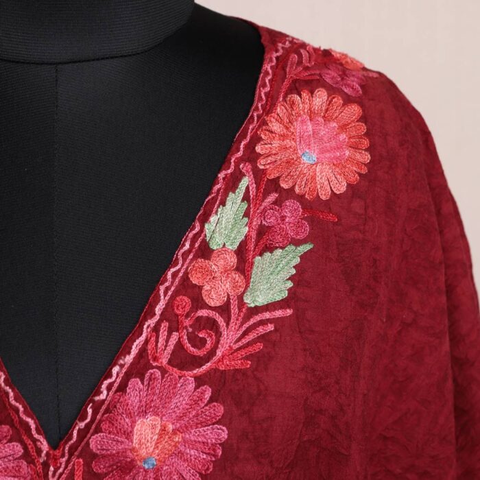 Maroon Short Kashmiri Kaftan – Aari Embroidered Crush Cotton - Image 3