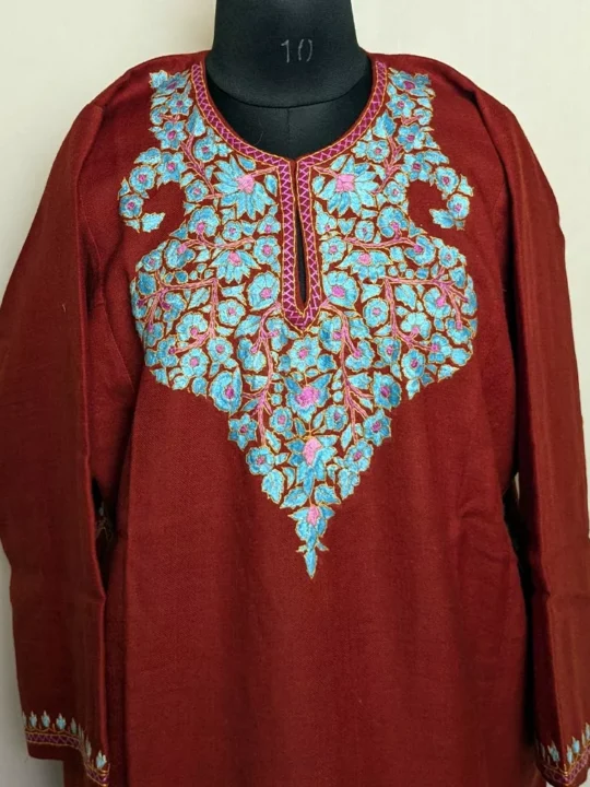 Rust Maroon Kashmiri Raffal Pheran | Paper Mache Sozni Handwork