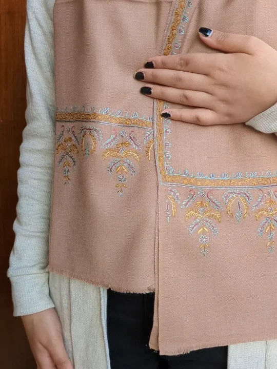 Humayun Light Brown Woolen Kashmiri Muffler With Blue Yellow Hand Sozni Embroidery | Unisex