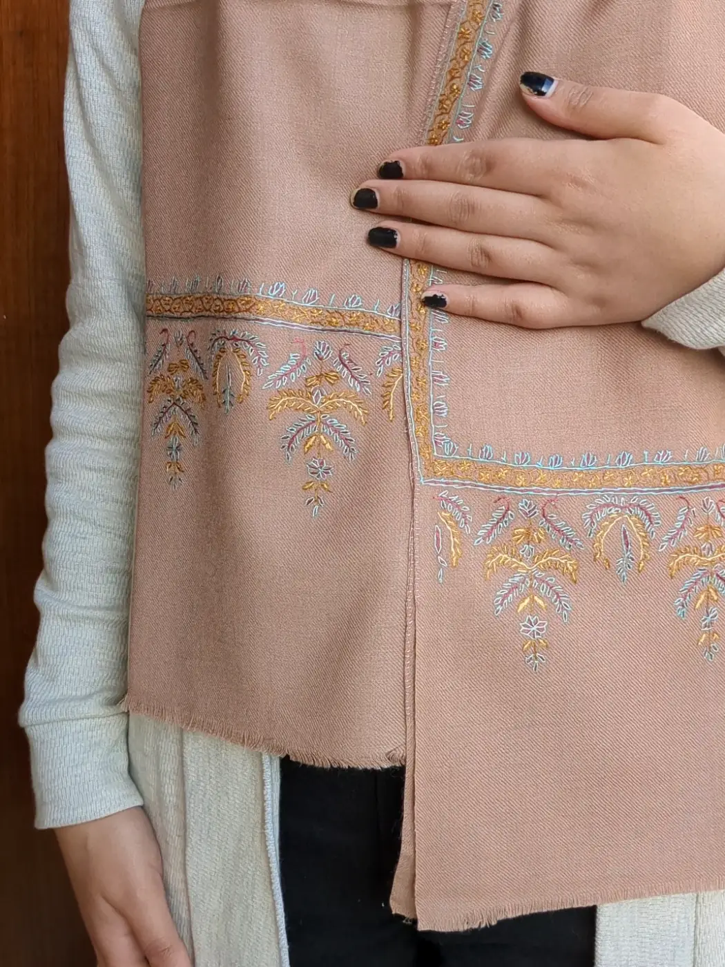 Humayun Light Brown Woolen Kashmiri Muffler With Blue Yellow Hand Sozni Embroidery | Unisex