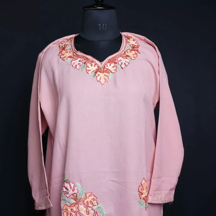 Pastel Pink Summer Kashmiri Kurta with Aari Embroidery - Image 3