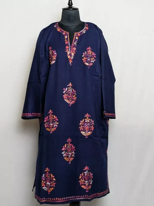 Buy Phiran Online - Dark Blue Raffal with Hand Sozni Embroidery