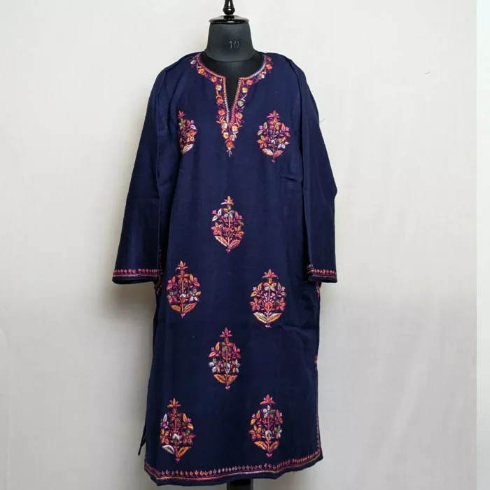 Buy Phiran Online - Dark Blue Raffal with Hand Sozni Embroidery