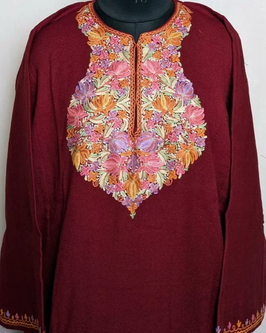 Maroon Raffal Pheran with Hand Aari