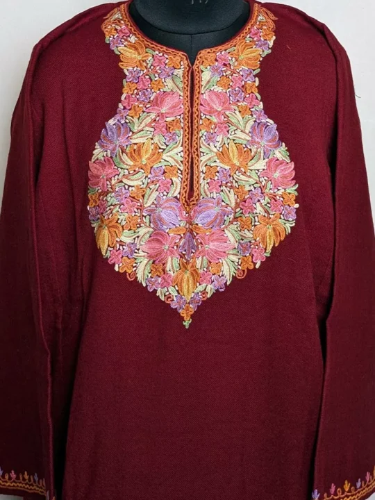 Maroon Raffal Pheran with Hand Aari