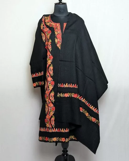 Black Raffal Pheran & Stole with Aari Embroidery