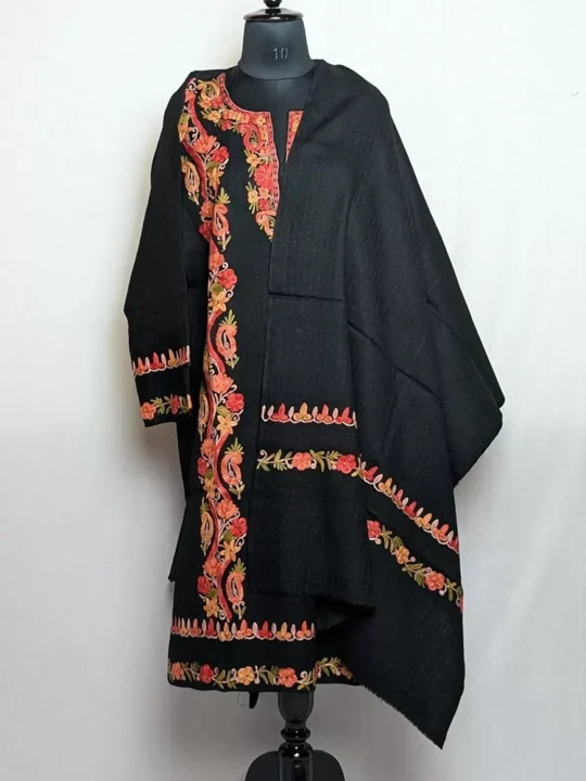Black Raffal Pheran & Stole with Aari Embroidery