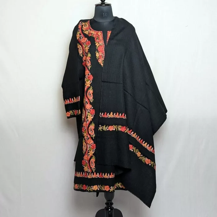 Black Raffal Pheran & Stole with Aari Embroidery