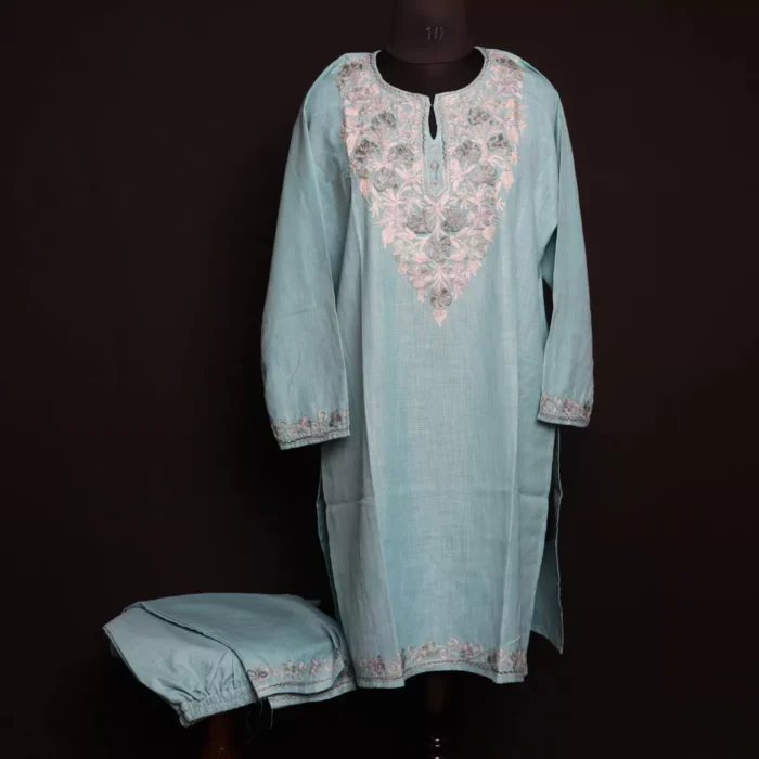 Sea Blue Cotton Aari Kashmiri Co-ord Set