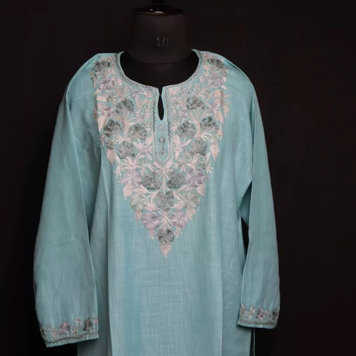 Sea Blue Cotton Aari Kashmiri Co-ord Set - Image 2