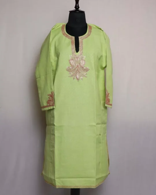 Green Summer Pheran - Cotton With Tilla Embroidery