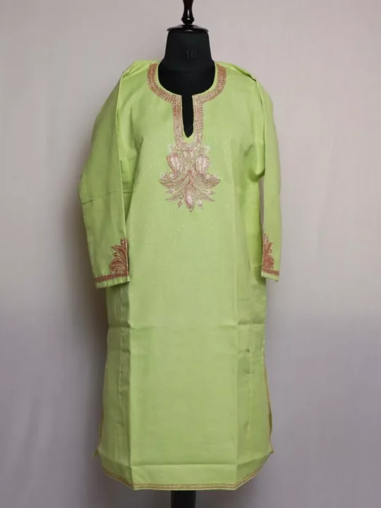 Green Summer Pheran - Cotton With Tilla Embroidery