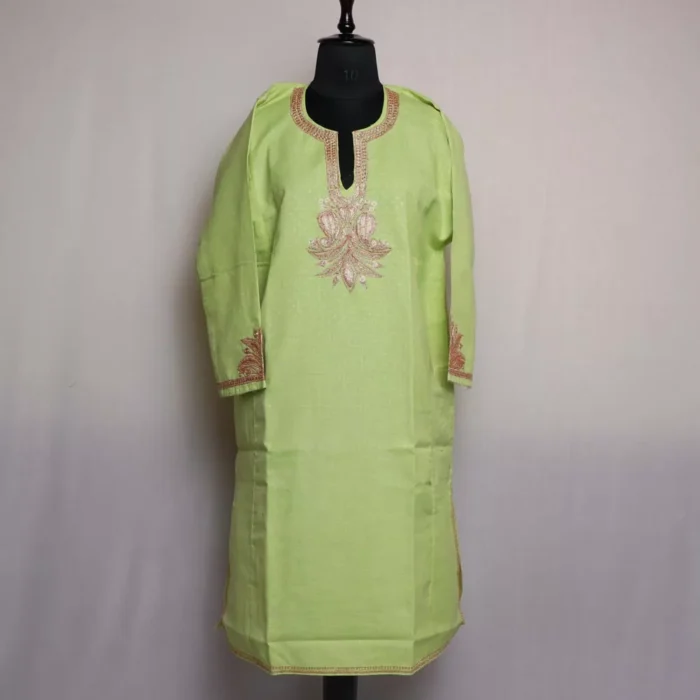 Green Summer Pheran - Cotton With Tilla Embroidery