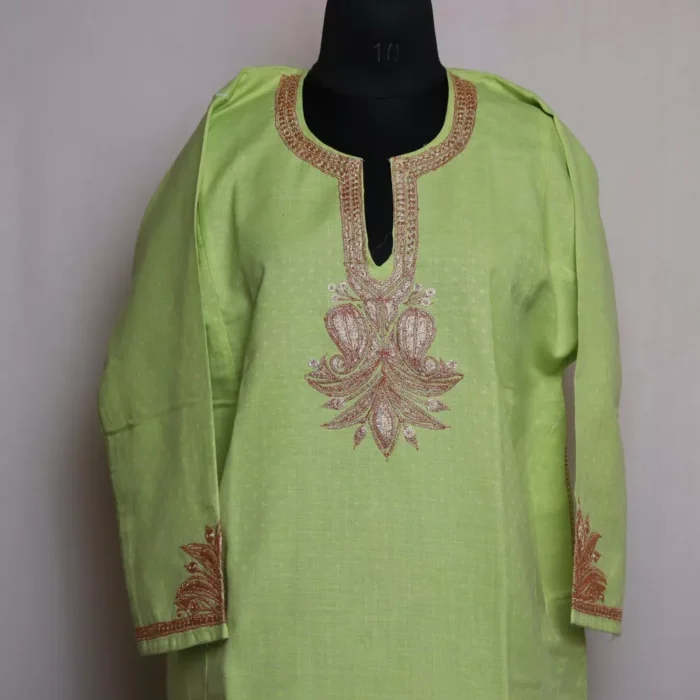 Green Summer Pheran - Cotton With Tilla Embroidery - Image 3