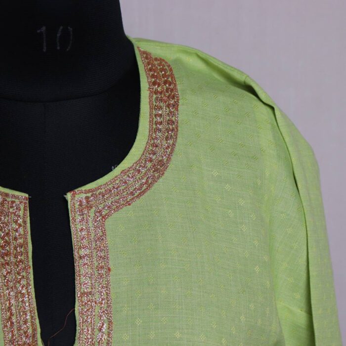 Green Summer Pheran - Cotton With Tilla Embroidery - Image 2