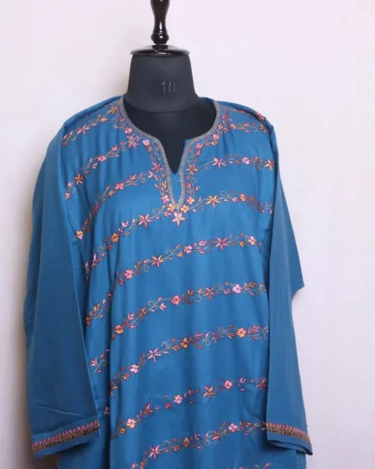 Blue Eidgah Soft Tweed Pheran with Hand Sozni Embroidery