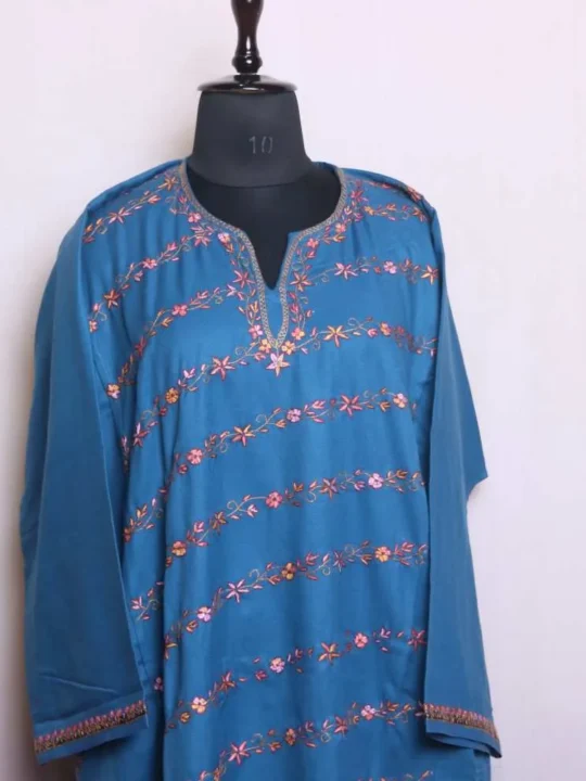 Blue Eidgah Soft Tweed Pheran with Hand Sozni Embroidery