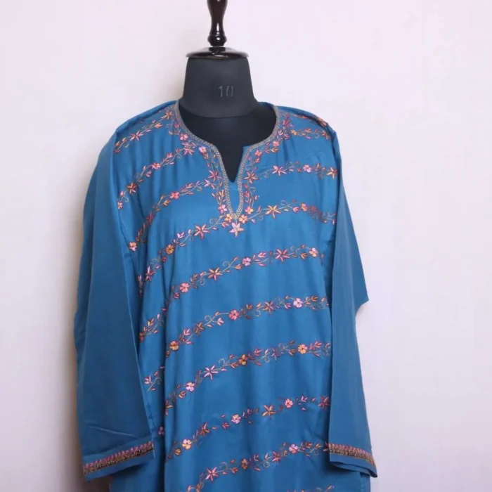 Blue Eidgah Soft Tweed Pheran with Hand Sozni Embroidery