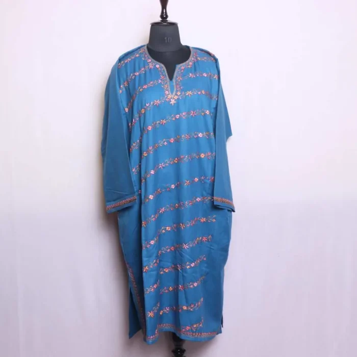 Blue Eidgah Soft Tweed Pheran with Hand Sozni Embroidery - Image 3