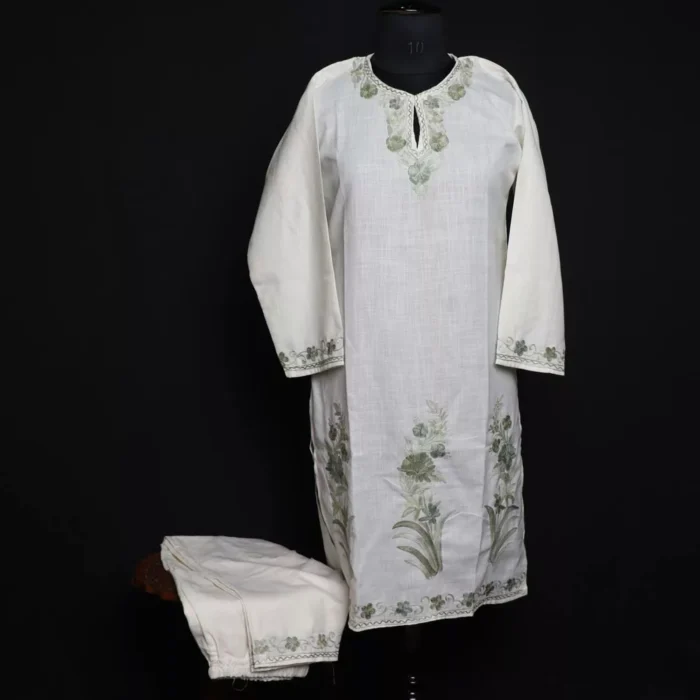 White Cotton Aari Kashmiri Co-ord Set