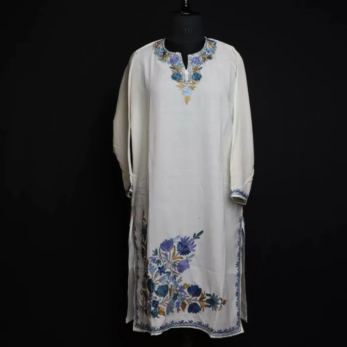 White Aabi Summer Kashmiri Kurta with Aari Embroidery