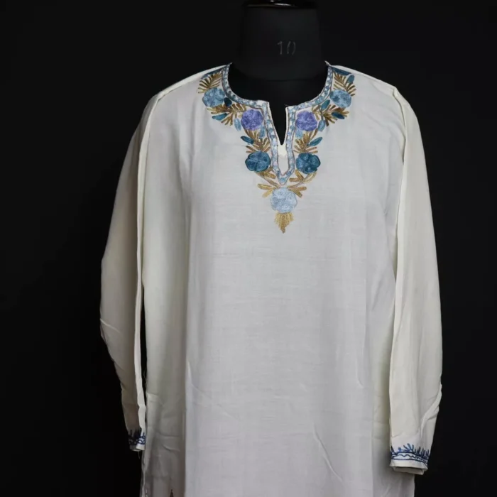 White Aabi Summer Kashmiri Kurta with Aari Embroidery - Image 2