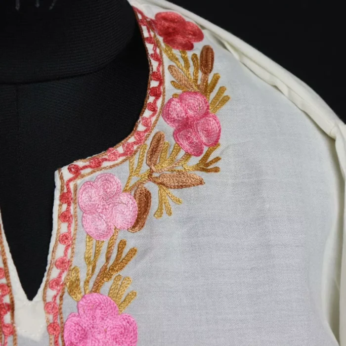 White Gulabi Summer Kashmiri Kurta with Aari Embroidery - Image 3
