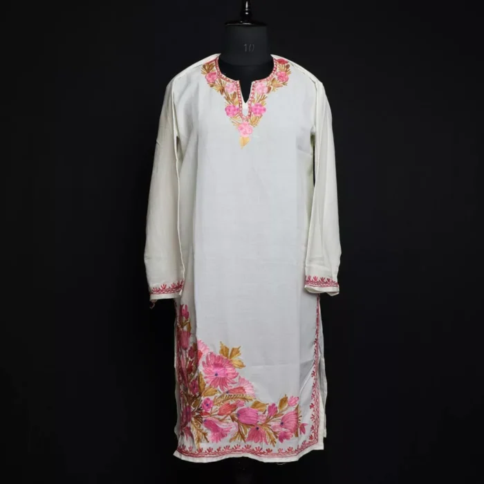 White Gulabi Summer Kashmiri Kurta with Aari Embroidery