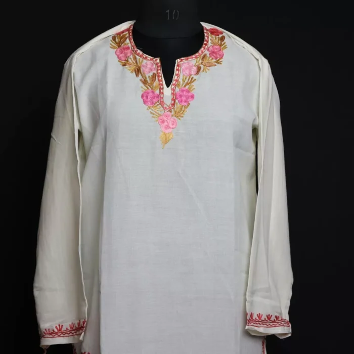 White Gulabi Summer Kashmiri Kurta with Aari Embroidery - Image 2