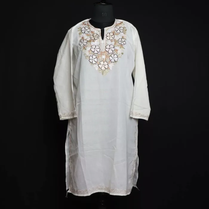 White Posh Summer Kashmiri Kurta with Aari Embroidery