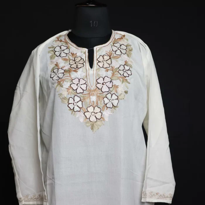 White Posh Summer Kashmiri Kurta with Aari Embroidery - Image 3