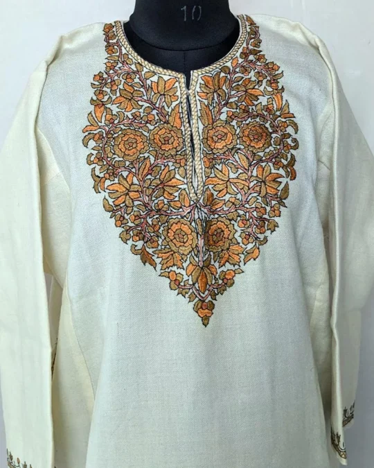 White Short Pheran for Women | Latest Pheran Design for Female | Kashmiri Raffal Sozni Handwork (38,49)