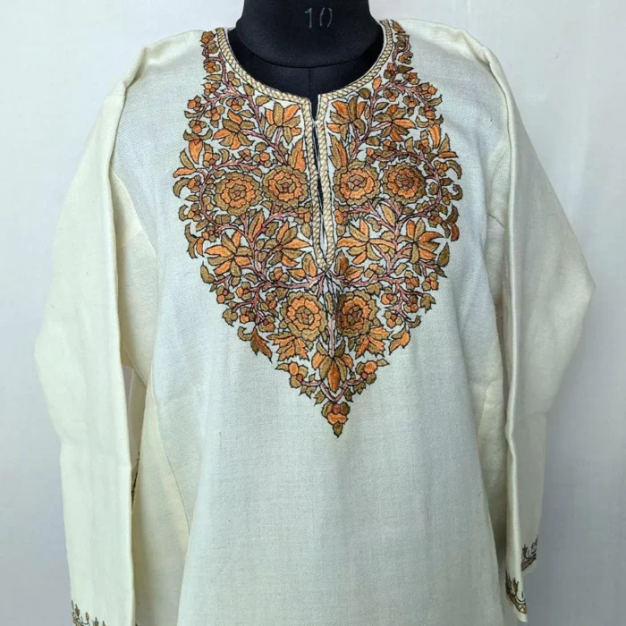 White Short Pheran for Women | Latest Pheran Design for Female | Kashmiri Raffal Sozni Handwork (38,49)