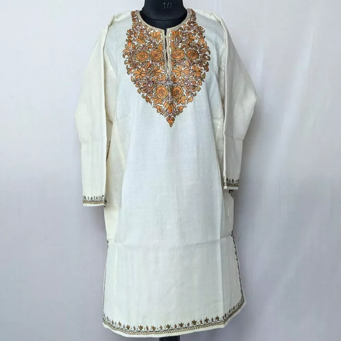 White Short Pheran for Women | Latest Pheran Design for Female | Kashmiri Raffal Sozni Handwork (38,49) - Image 2