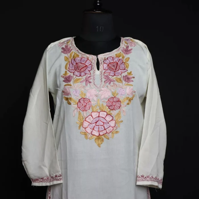 White Nosh Summer Kurta with Aari Embroidery - Image 2