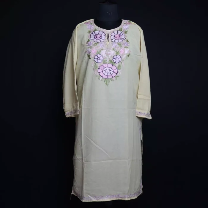 Yellow Floral Summer Kashmiri Kurta with Aari Embroidery