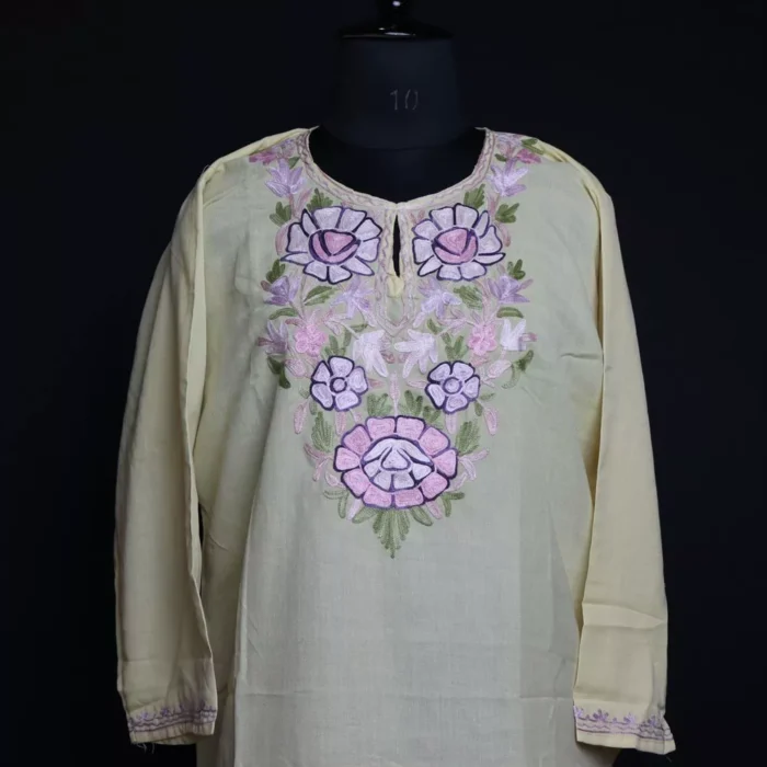 Yellow Floral Summer Kashmiri Kurta with Aari Embroidery - Image 2