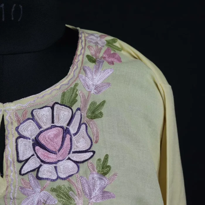 Yellow Floral Summer Kashmiri Kurta with Aari Embroidery - Image 3