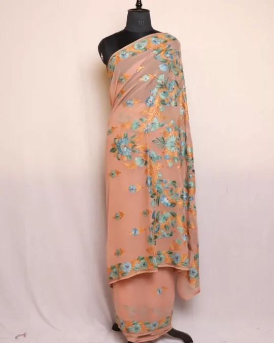 Pastel Shade Georgette Saree With Kashmiri Aari Embroidery